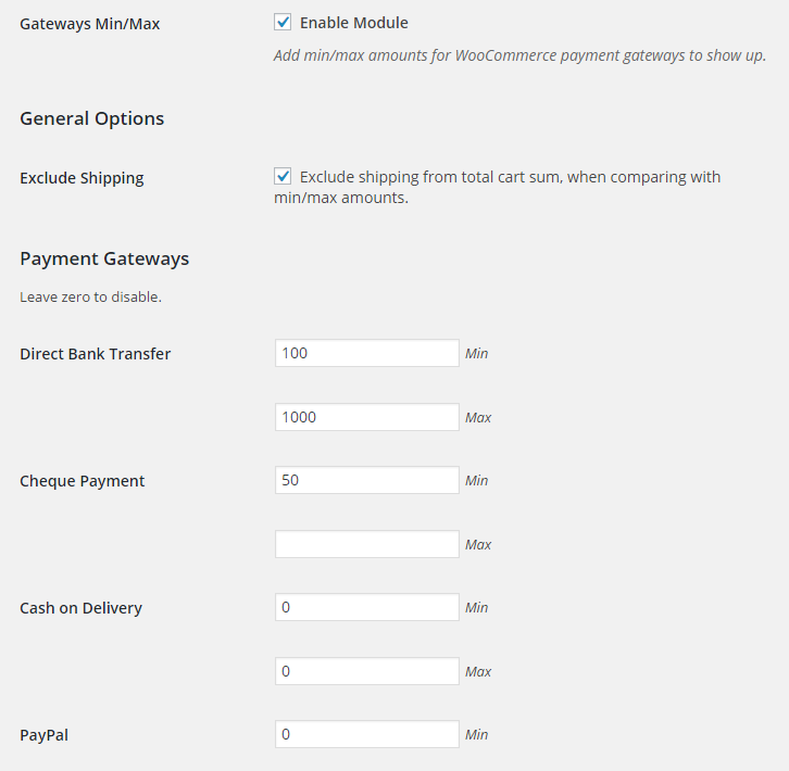 Booster for Woocommerce Gateways Min Max Backend