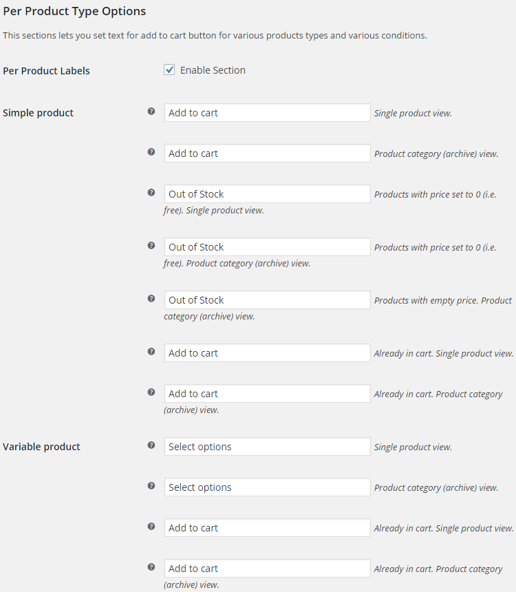 WooCommerce Add to Cart Labels - Admin Settings - Per product type
