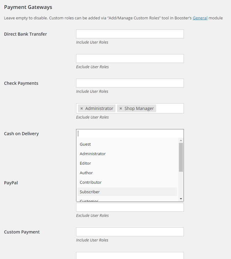WooCommerce Payment Gateways by User Role - Admin Settings