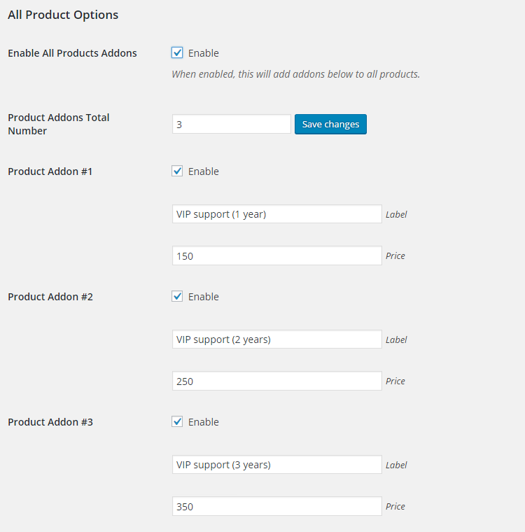 WooCommerce Product Addons - Admin Settings - All Product Options