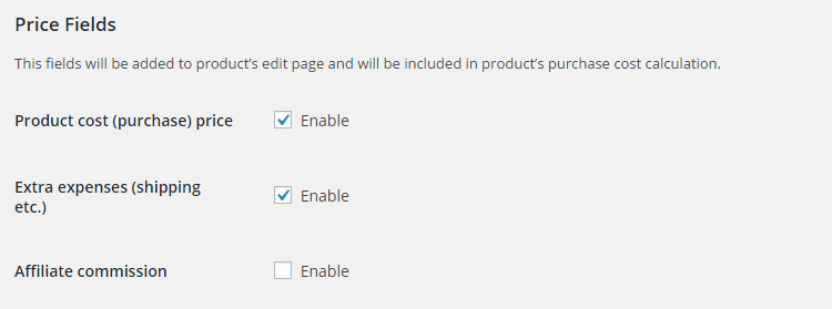 WooCommerce Product Cost Price - Admin Settings - Price Fields