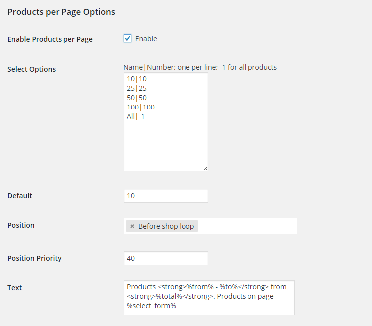 WooCommerce Product Listings - Admin Settings - Products per Page Options