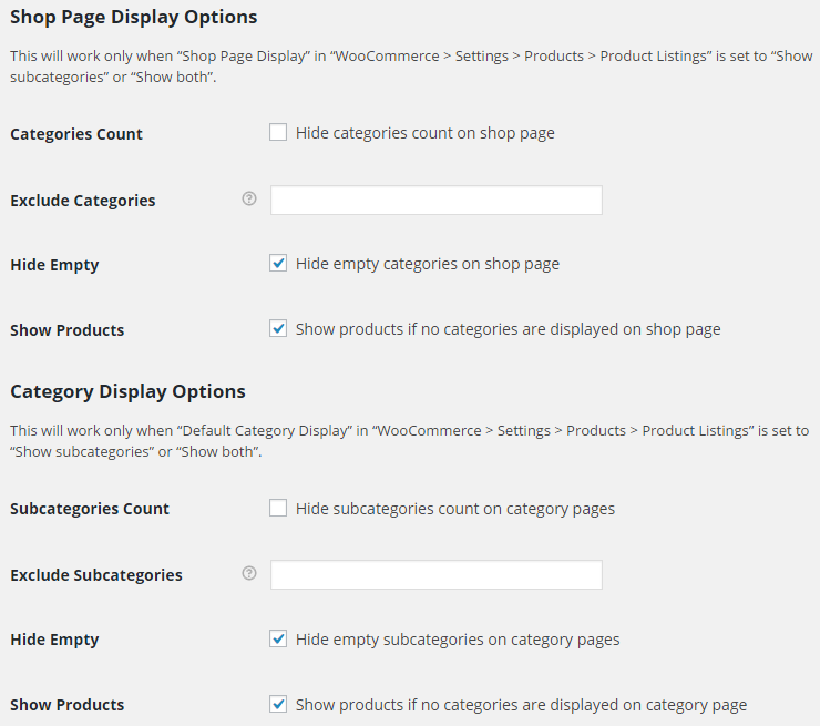 WooCommerce Product Listings - Admin Settings - Shop Page and Category Display