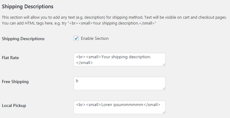 WooCommerce Shipping - Admin Settings - Shipping Descriptions
