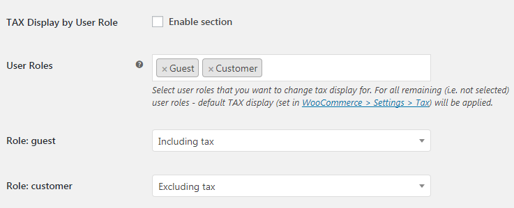 WooCommerce Tax Display - Admin Settings - TAX Display by User Role
